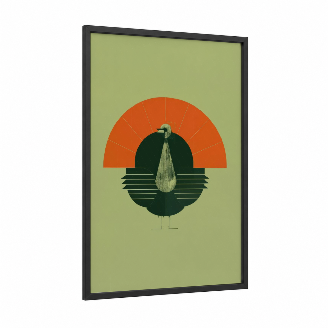 Geometric Turkey framed art print — black wood frame — orange and dark green palette