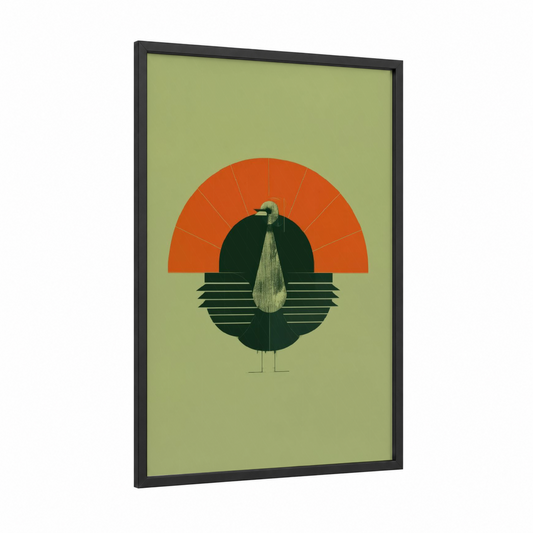 Geometric Turkey framed art print — black wood frame — orange and dark green palette