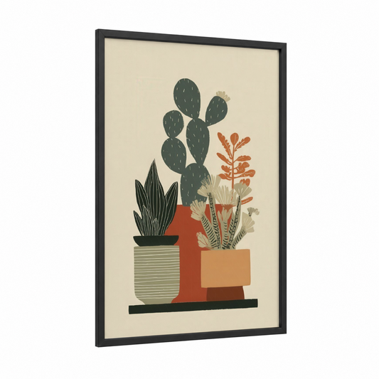 Desert Garden Trio framed cactus print — black wood frame — cream and russet palette