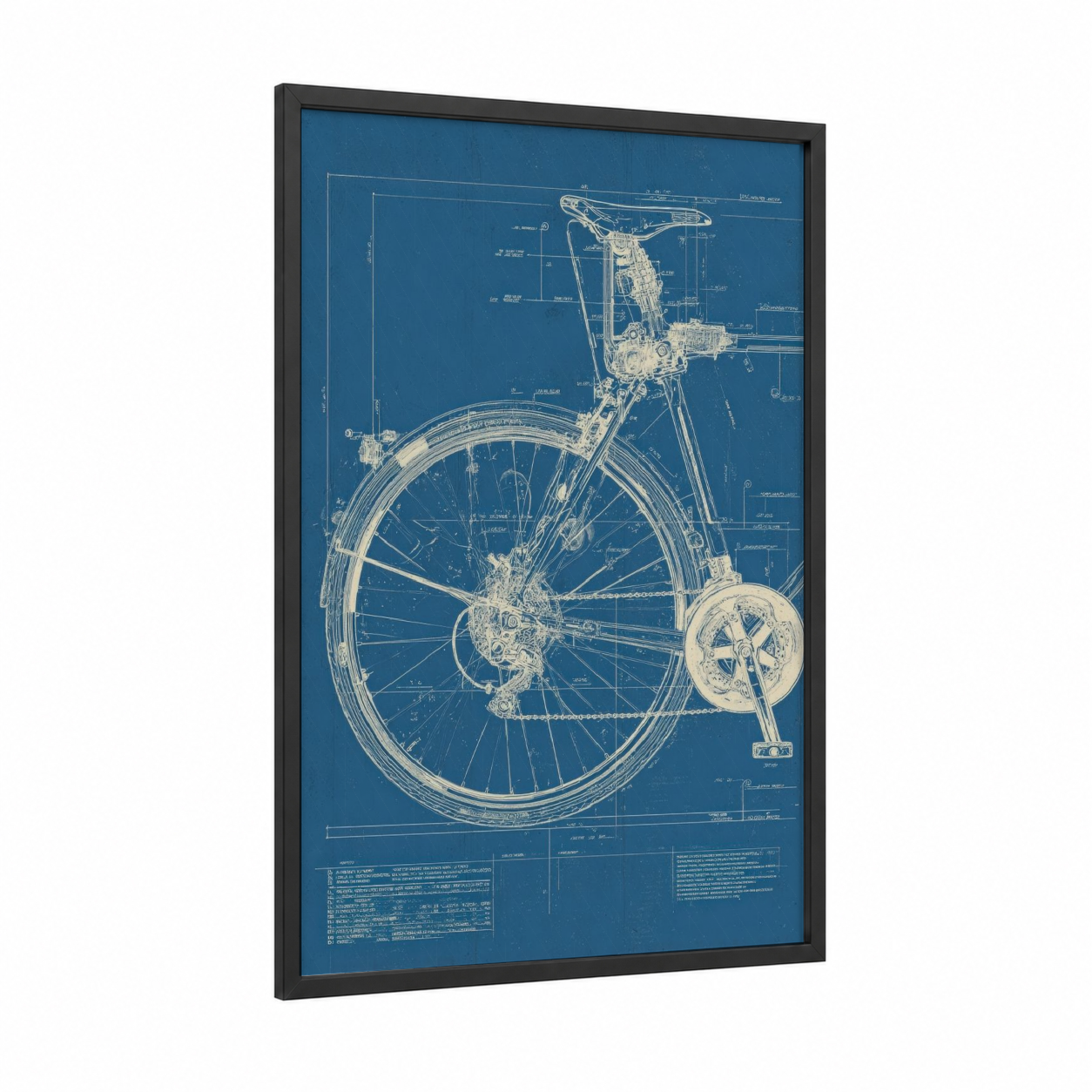Urban Bicycle Blueprint framed art print — black wood frame — blue and cream palette