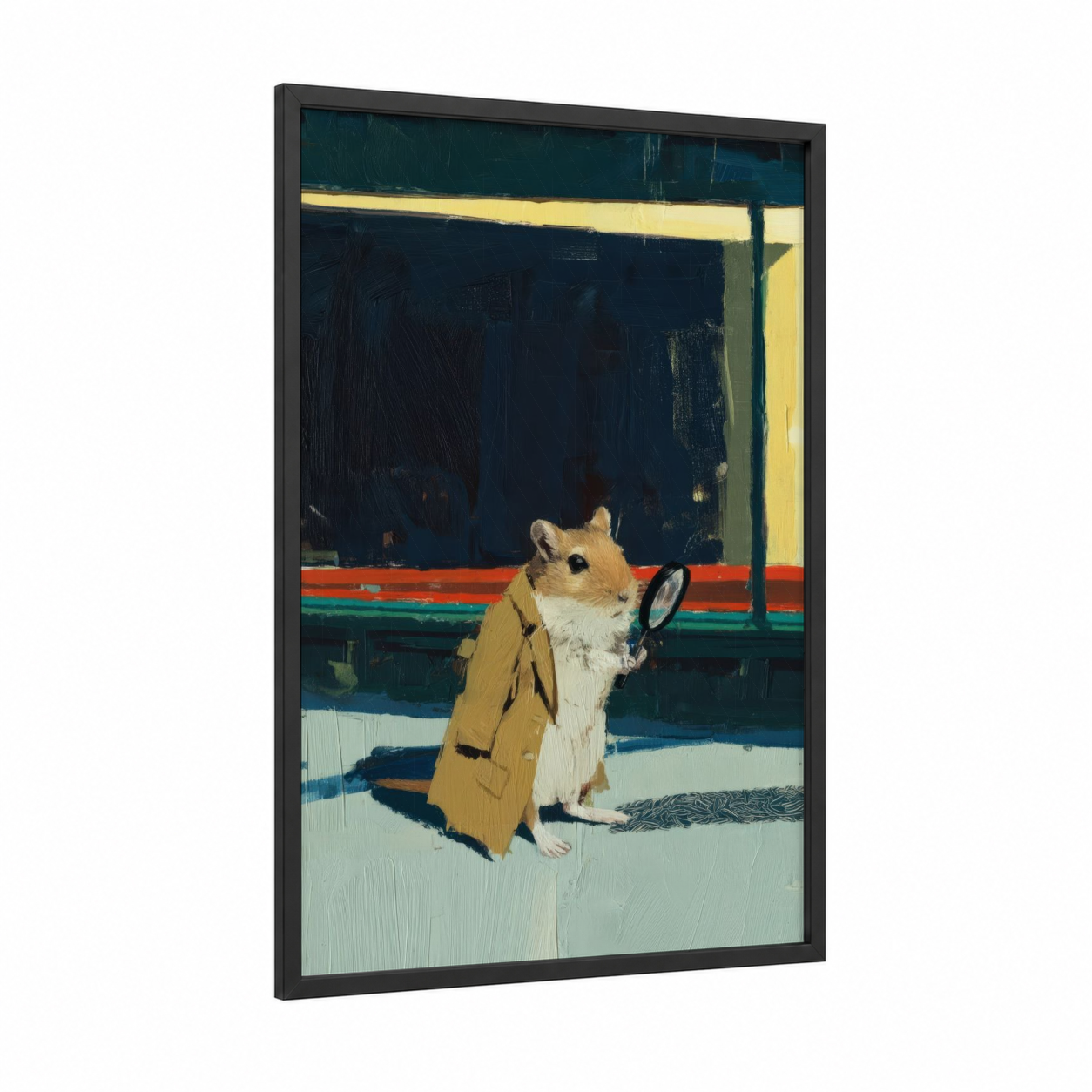 Detective Gerbil framed art print — black wood frame — dark blue and yellow gold palette