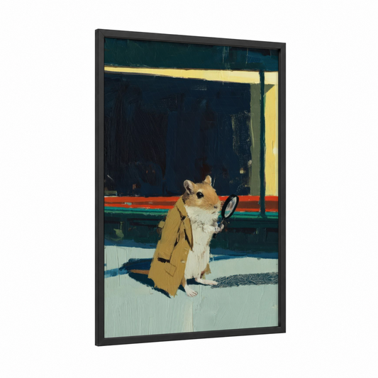 Detective Gerbil framed art print — black wood frame — dark blue and yellow gold palette