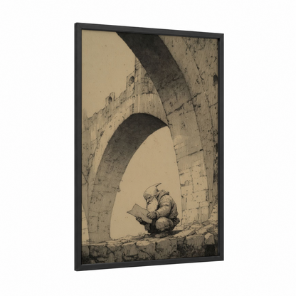 Dwarf Scholar framed dwarves print — black wood frame — black and white and cream palette