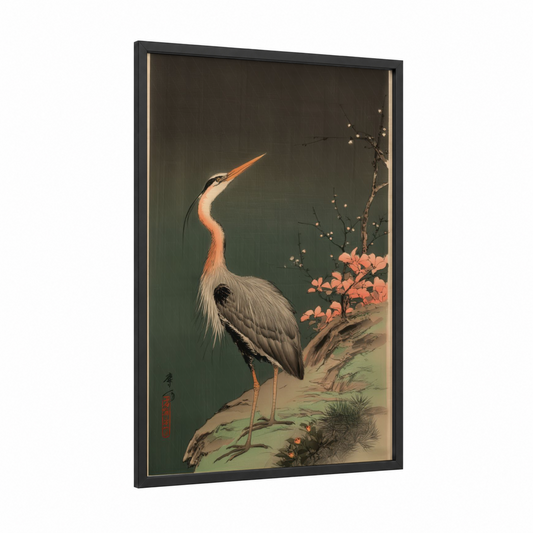 Crimson Heron framed art print — black wood frame — russet and dove gray palette