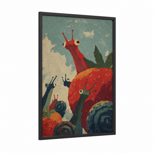 Red Garden Snail framed art print — black wood frame — red and teal palette