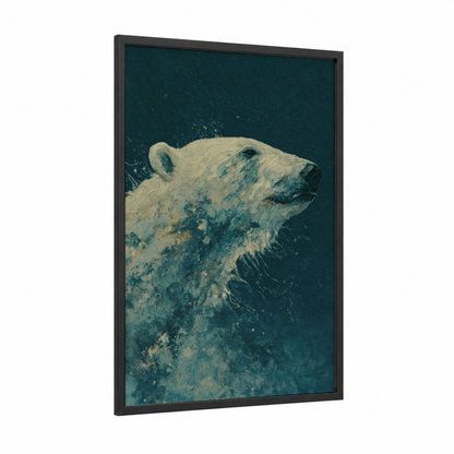 Arctic Swimmer framed polar bear print — black wood frame — dark blue and cream palette