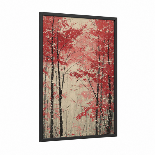 Crimson Maple Forest framed art print — black wood frame — red and cream palette