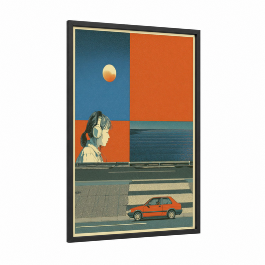 Dreamer's Horizon framed japanese y2k print — black wood frame — orange and teal palette