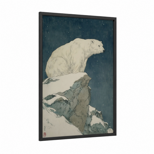 Snowy Polar Bear framed art print — black wood frame — dark blue and white palette