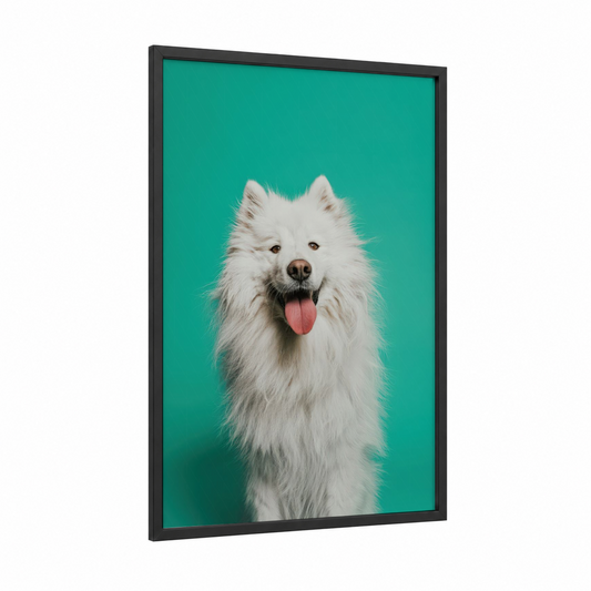 Happy Spitz framed art print — black wood frame — white and teal palette