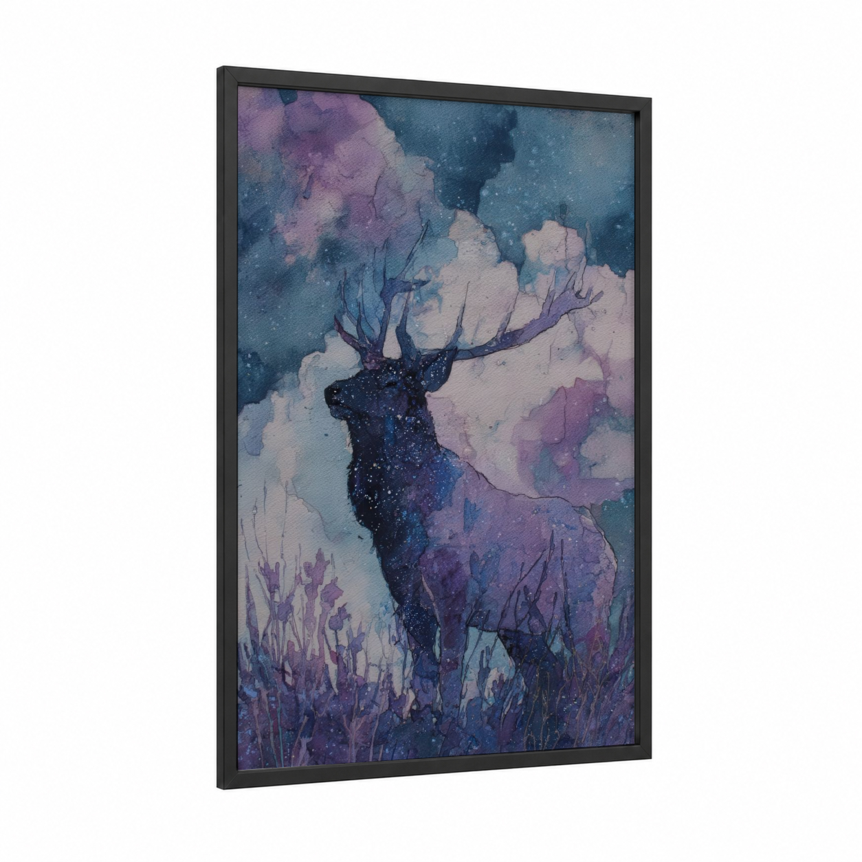 Celestial Elk framed art print — black wood frame — purple and blue palette
