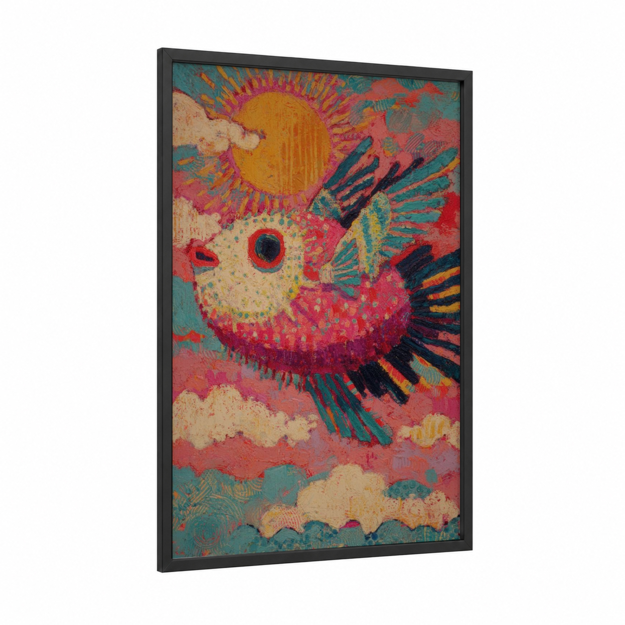 Cosmic Puffer Fish framed art print — black wood frame — magenta and teal palette