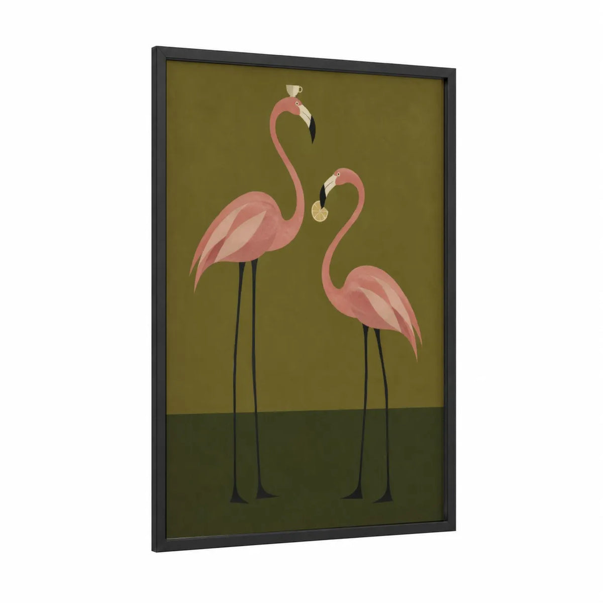 Pink Flamingo Pair Geometric Wall Art framed art print — black wood frame — pink and olive palette