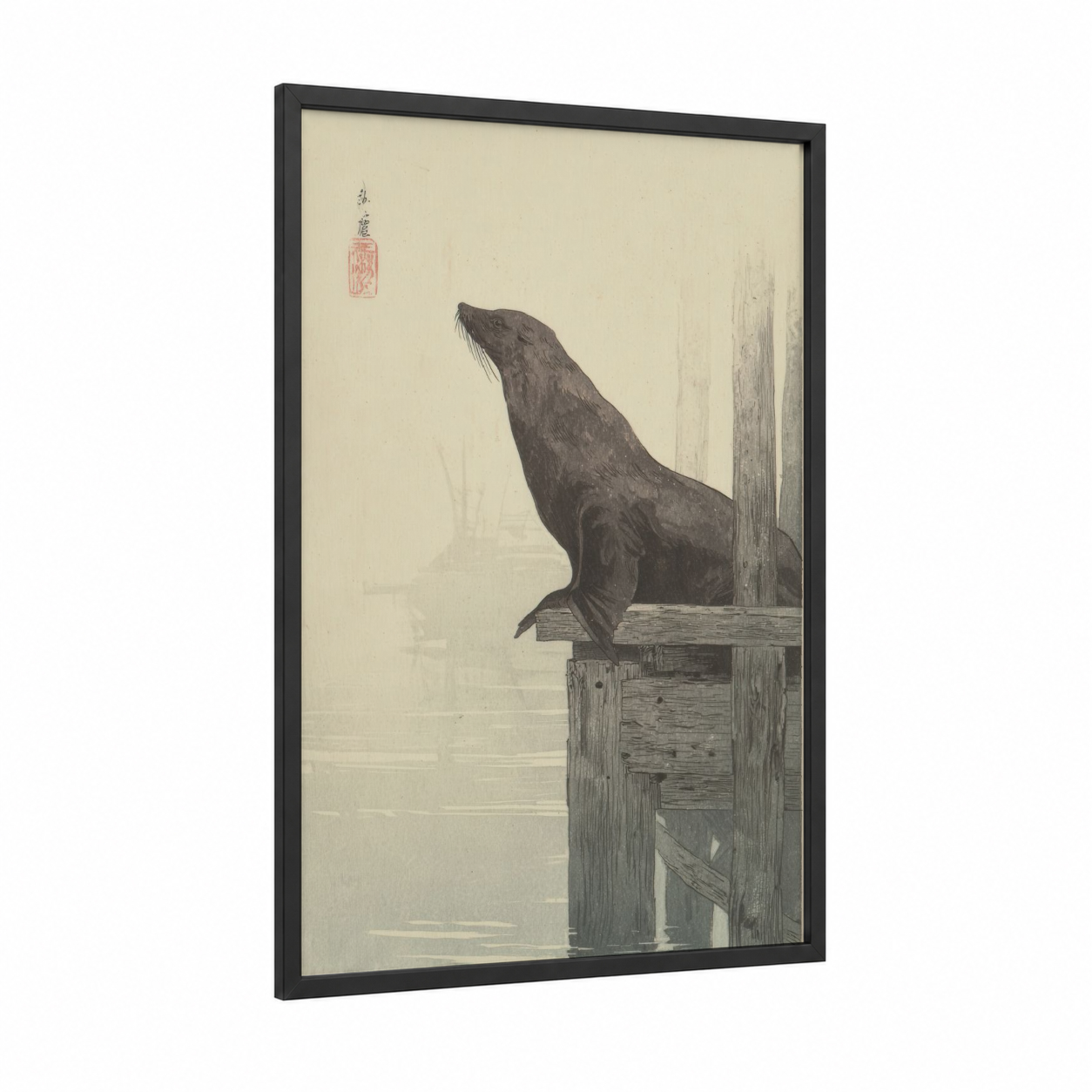 Contemplative Sea Lion framed art print — black wood frame — black and white and gray palette
