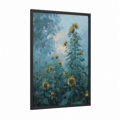 Misty Sunflowers framed art print — black wood frame — blue and gold palette