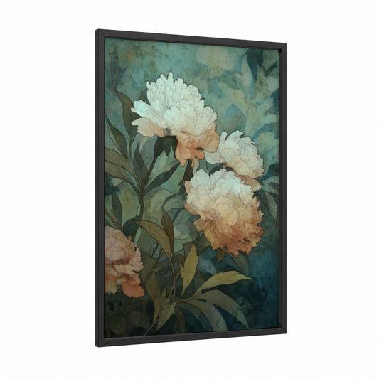 Peachy Peony Cluster framed art print — black wood frame — teal and peach palette