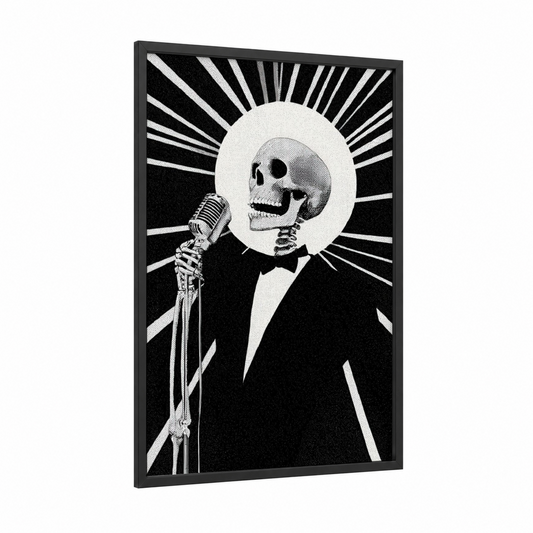 Skeleton Performer framed halloween print — black wood frame — black and white palette