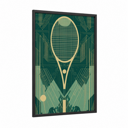 Golden Racquet framed racquetball print — black wood frame — teal and gold palette