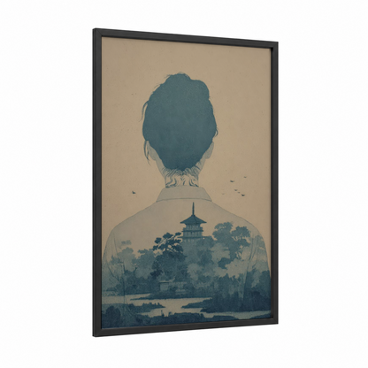 Contemplative Landscape Tattoo framed body art print — black wood frame — blue and cream palette