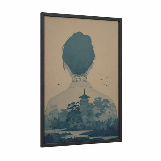 Contemplative Landscape Tattoo framed body art print — black wood frame — blue and cream palette