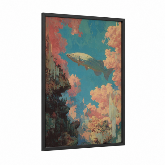 Celestial Tarpon framed art print — black wood frame — teal and salmon pink palette