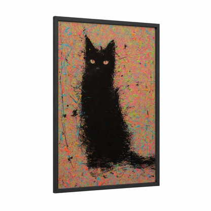 Neon Cat framed art print — black wood frame — magenta and lime green palette