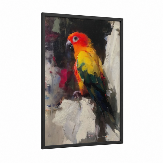 Scarlet Macaw Portrait framed safari parrots print — black wood frame — red and gold palette