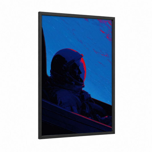Cosmic Astronaut framed space print — black wood frame — blue and magenta palette