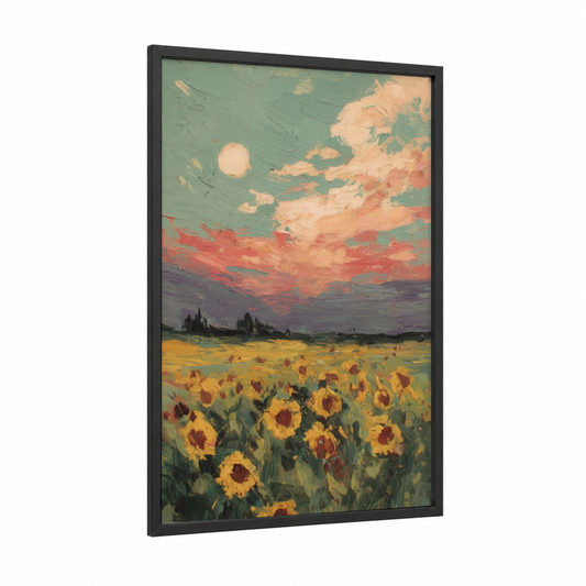 Sunflower Sunrise framed art print — black wood frame — gold and teal palette