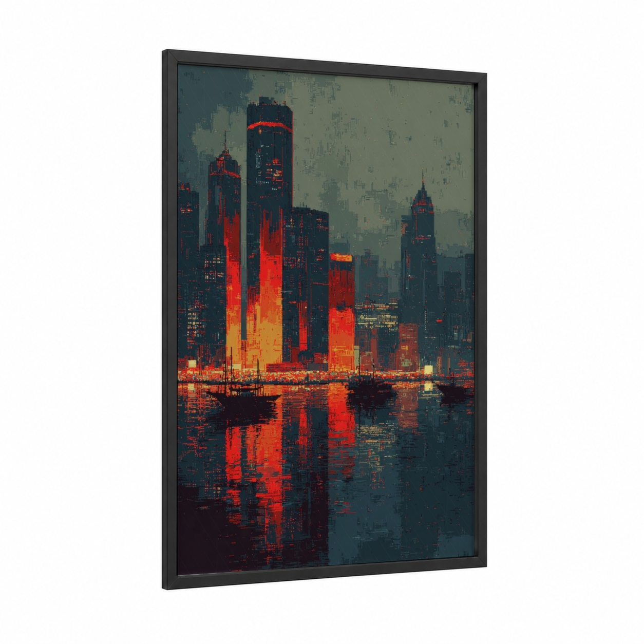 Neon Island Skyline framed art print — black wood frame — red and teal palette