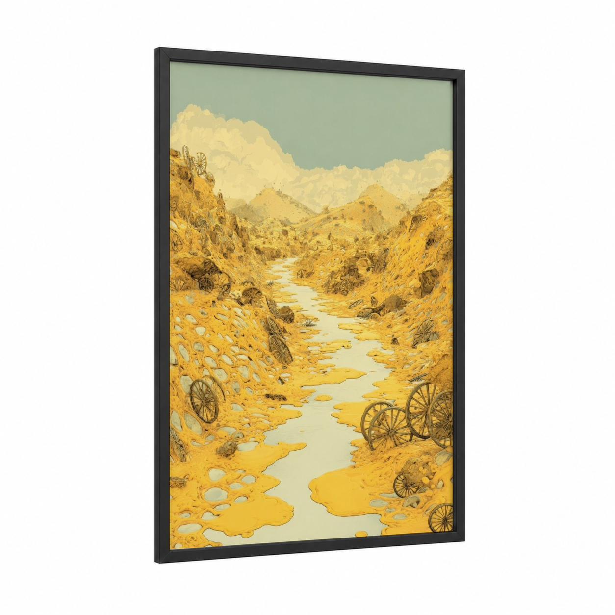 Golden Canyon Stream framed cheese print — black wood frame — gamboge and blue and white palette