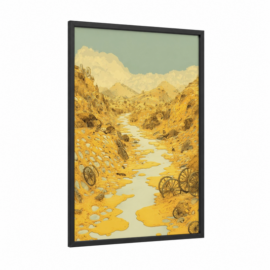 Golden Canyon Stream framed cheese print — black wood frame — gamboge and blue and white palette