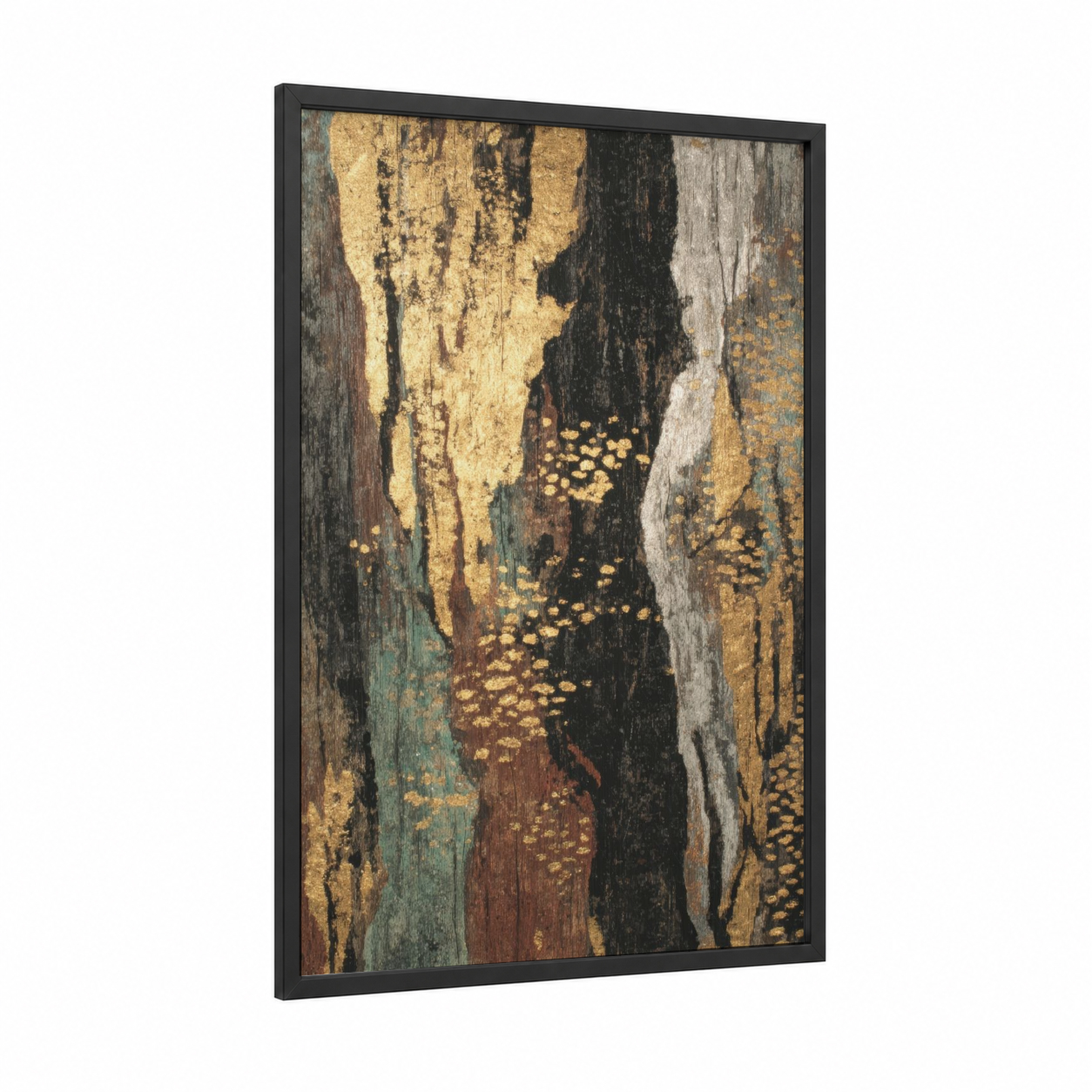 Golden Kauri framed kauri tree print — black wood frame — gold and black palette