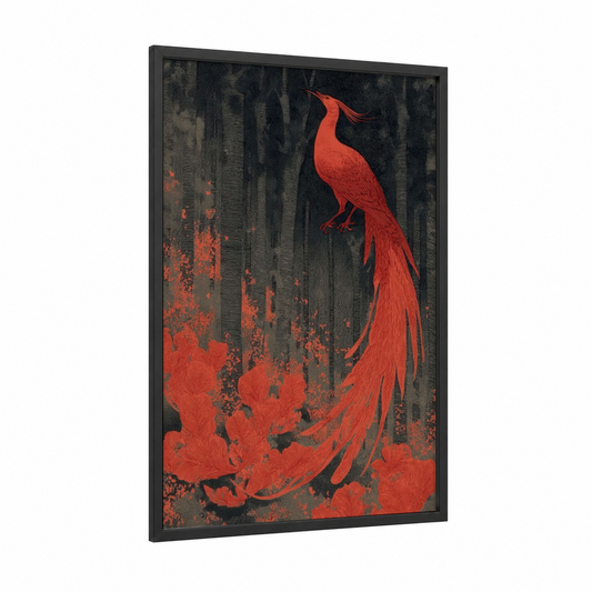 Crimson Phoenix Dreamscape framed art print — black wood frame — red and black palette