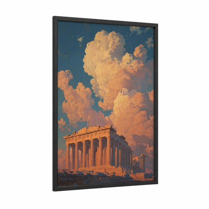 Golden Parthenon framed art print — black wood frame — gold and blue palette