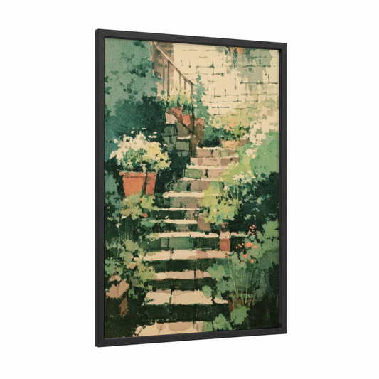 Garden Staircase framed art print — black wood frame — sage green and cream palette