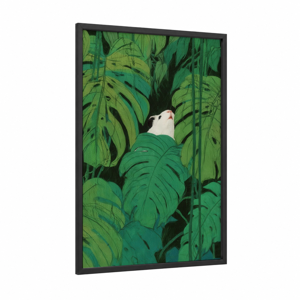 Tropical Guinea Pig framed art print — black wood frame — green and white palette