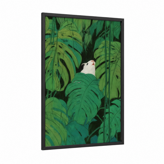 Tropical Guinea Pig framed art print — black wood frame — green and white palette