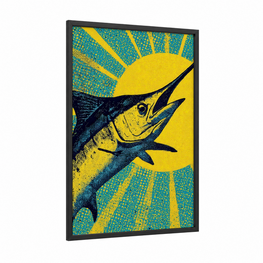 Golden Marlin Sunrise framed blue marlin print — black wood frame — yellow gold and teal palette