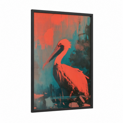 Crimson Pelican framed art print — black wood frame — red and teal palette