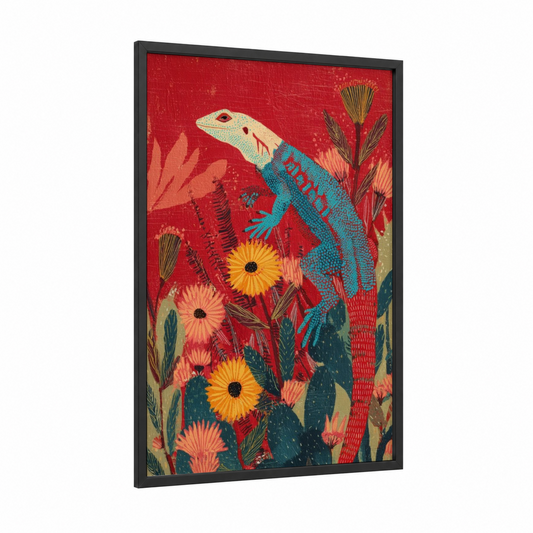 Turquoise Lizard Garden framed art print — black wood frame — red and blue palette
