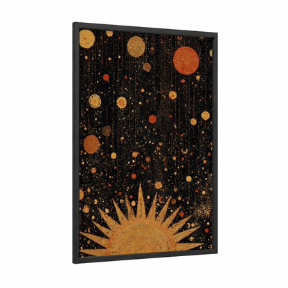 Celestial Dawn framed star print — black wood frame — gold and black palette