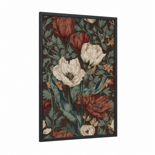 Cream Tulip Botanical framed art print — black wood frame — russet and sage green palette