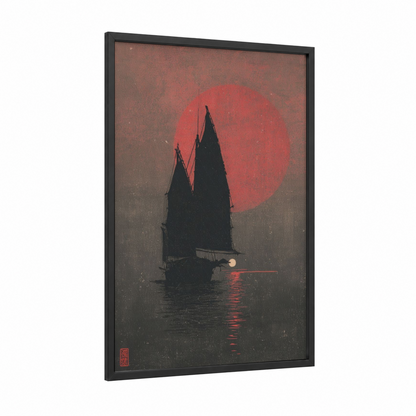 Crimson Moon Sailing framed sailing ship print — black wood frame — red and black palette