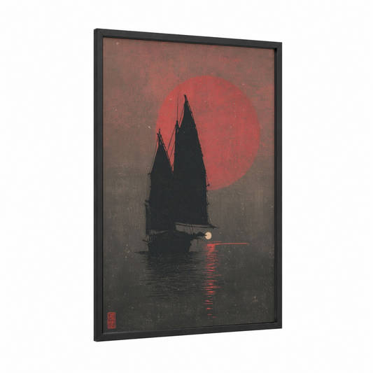Crimson Moon Sailing framed sailing ship print — black wood frame — red and black palette
