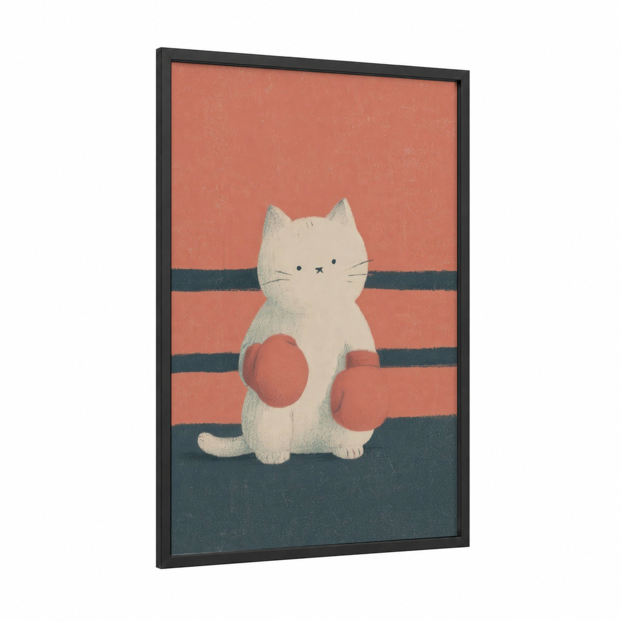 Boxing Cat framed kick boxing print — black wood frame — peach and dark blue palette