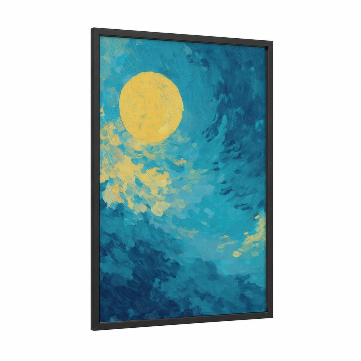 Celestial Moon framed art print — black wood frame — blue and yellow gold palette