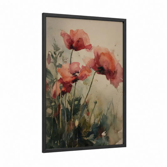 Crimson Poppies framed art print — black wood frame — salmon pink and dark green palette