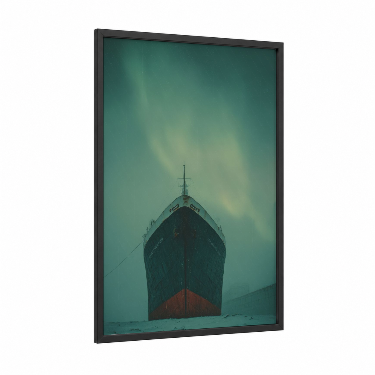 Beached Vessel framed cruise ship print — black wood frame — teal and gray palette