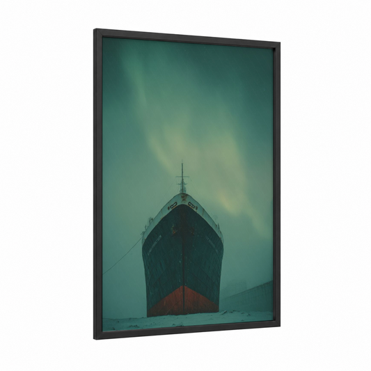Beached Vessel framed cruise ship print — black wood frame — teal and gray palette